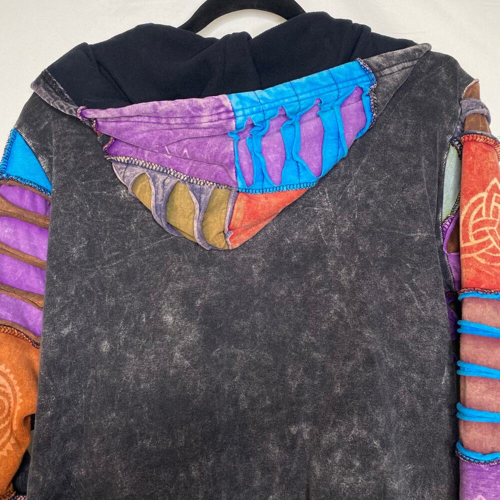 Rising International Patchwork Fleece Grunge Indie Granola Hoodie Size Large - Picture 7 of 10